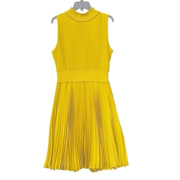 Nanette Lepore Smocked Neck Flattery MIDI Dress Pleated Mock Yellow Size 14 - Picture 2 of 10